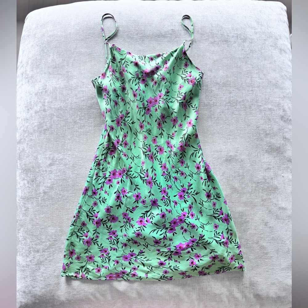 Zara Green and purple floral mini dress. Satin fabric